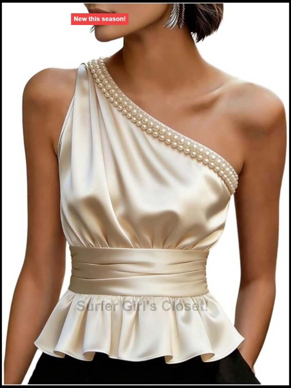Women's Satin One Shoulder Babydoll Peplum Top Ruffle Pearl Cinched Waist